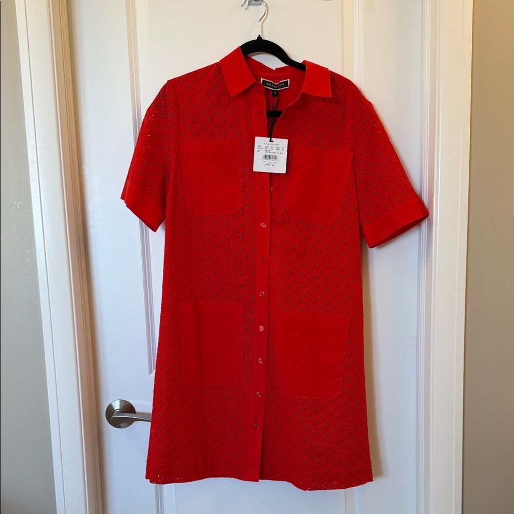 Bright Red Eyelet Shirt Dress with Patch Pockets